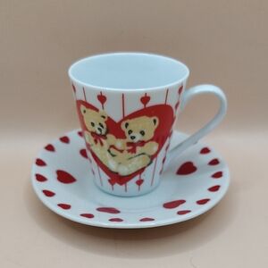Vintage Small Cute Teddy Bear Heart Cup and Saucer